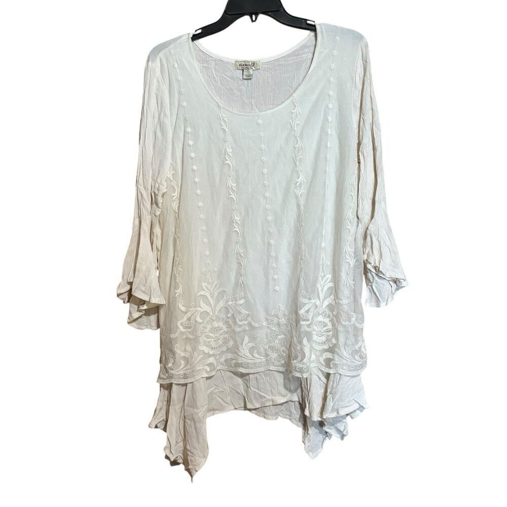 One World Tunic Top Womens Large Ivory Embroidered Layered Bell Sleeves Blouse